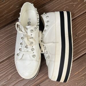 Weeboo White Platform Sneakers Silver Studded Bejeweled